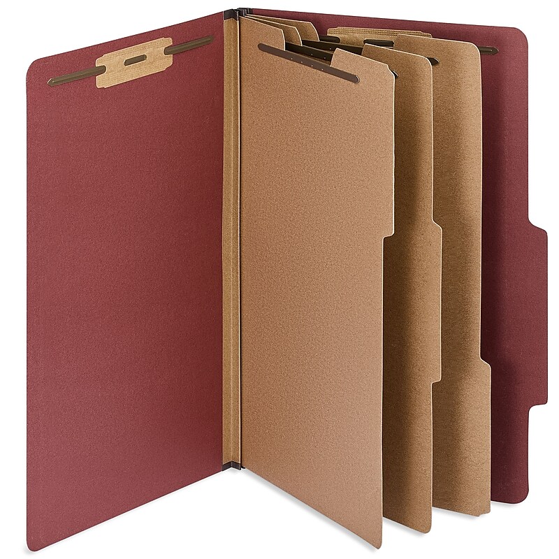 Staples 60% Recycled Heavy Duty Pressboard Classification Folder, 3-Dividers, 3" Expansion, Legal Size, Red, 10/Box (ST62562) image 1
