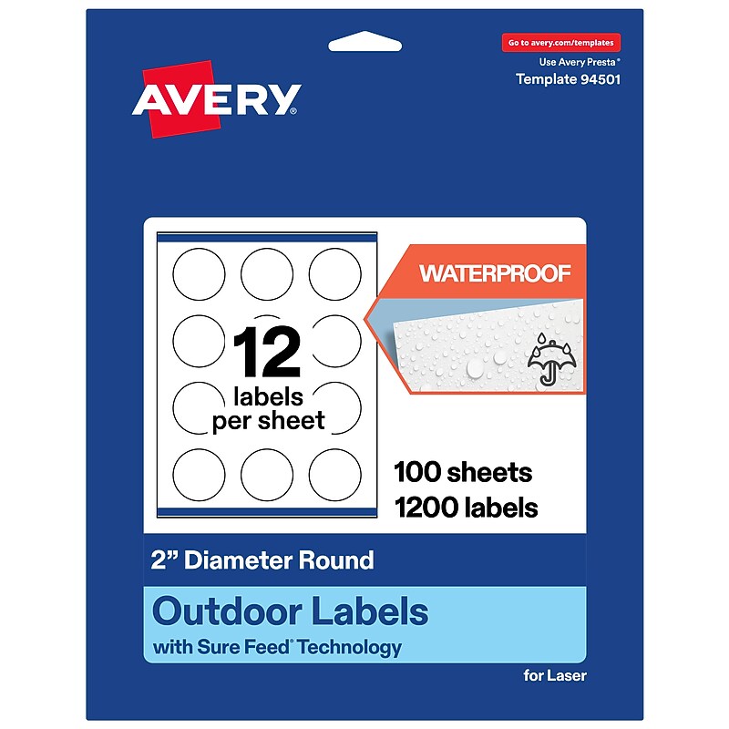 Avery Round Laser Multipurpose Labels, 2" Dia., White, 1200/Box (19479399407) image 1