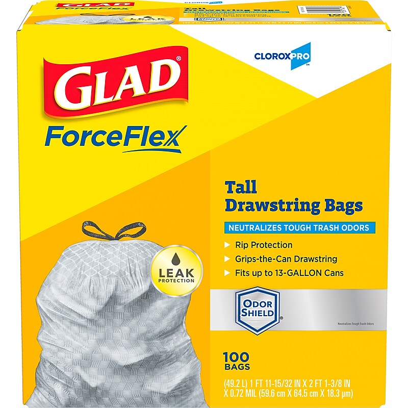 CloroxPro Glad ForceFlex 13 Gallon Tall Kitchen Trash Bag, 23.75" x 24.88", Low Density, .72 mil, Gray, 100/Box (70427) image 1