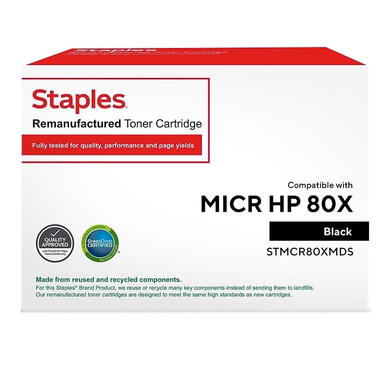 Staples Remanufactured Black High Yield MICR Toner Cartridge Replacement for HP 80X (TRMCR80XMDS/STMCR80XMDS) image 1