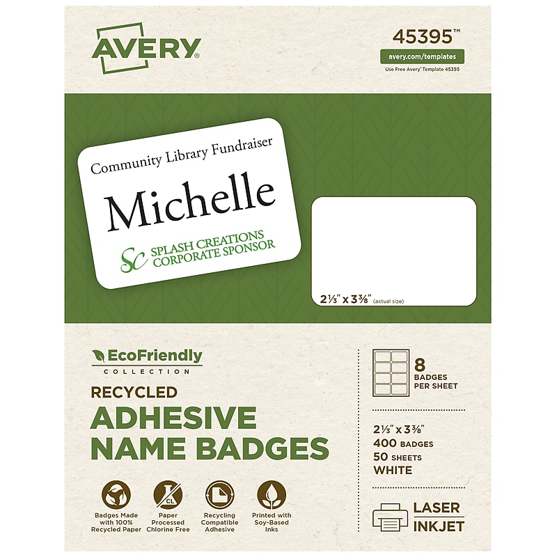 Avery EcoFriendly Stick On Sticker Name Tags/Labels, White, 50 Sheets/Pack, 400 Labels/Pack (45395) image 1