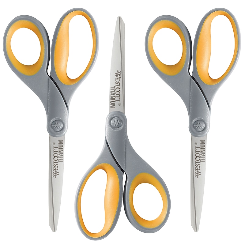 Westcott Titanium Bonded 8" Titanium Multi-Purpose/Heavy Duty Scissor, Pointed Tip, Gray/Yellow, 3/Pack (17532) image 1