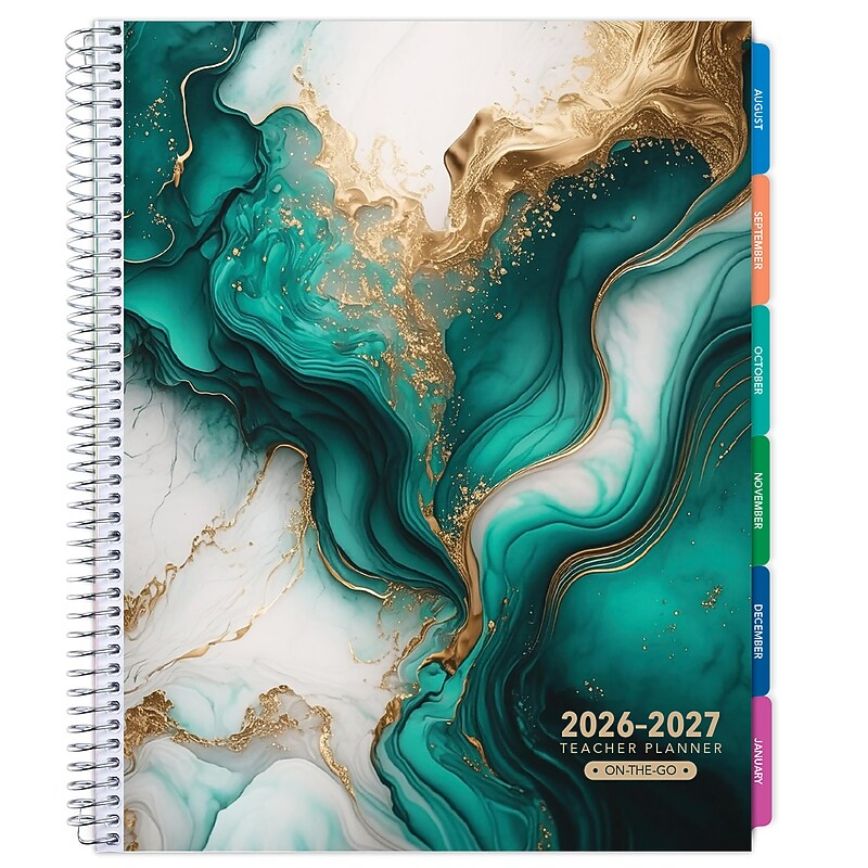 2026-2027 Excello Brands 8.5" x 11" Academic Weekly & Monthly Teacher Planner, Paperboard Cover, Teal Gold Marble (TP-AY26-0054) image 1