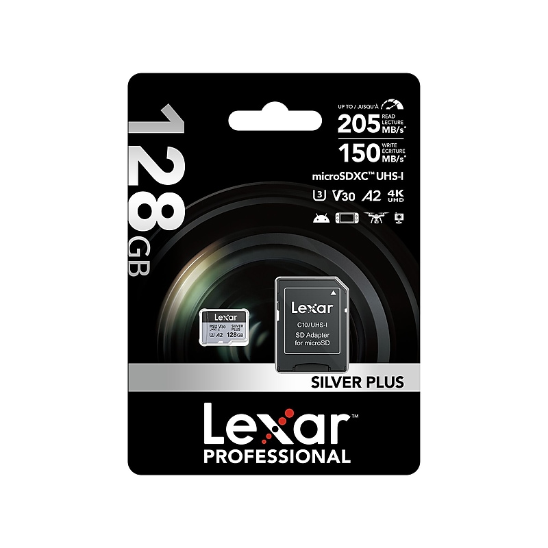 Lexar Professional Silver Plus 128GB microSDXC Memory Card with Adapter, Class 10, UHS-I, V30 (LMSSIPL128G-BNANU) image 1