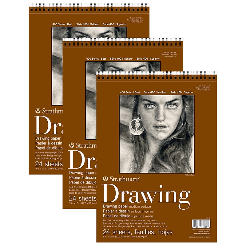 Strathmore 400 Series 9" x 12" Wire Bound Drawing Sketch Pad, 24 Sheets/Pad, 3/Bundle (STTP400403-3) image 1