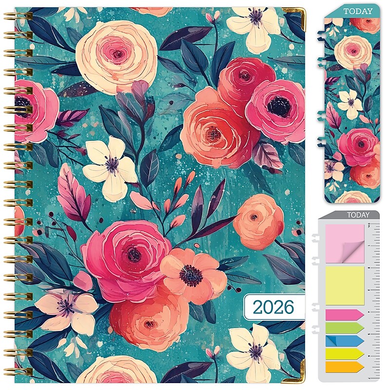 2026 Global Printed Products 8.5" x 11" Weekly & Monthly Planner, Paperboard Cover, Teal Floral (FSHN-CY26-8511-17) image 1