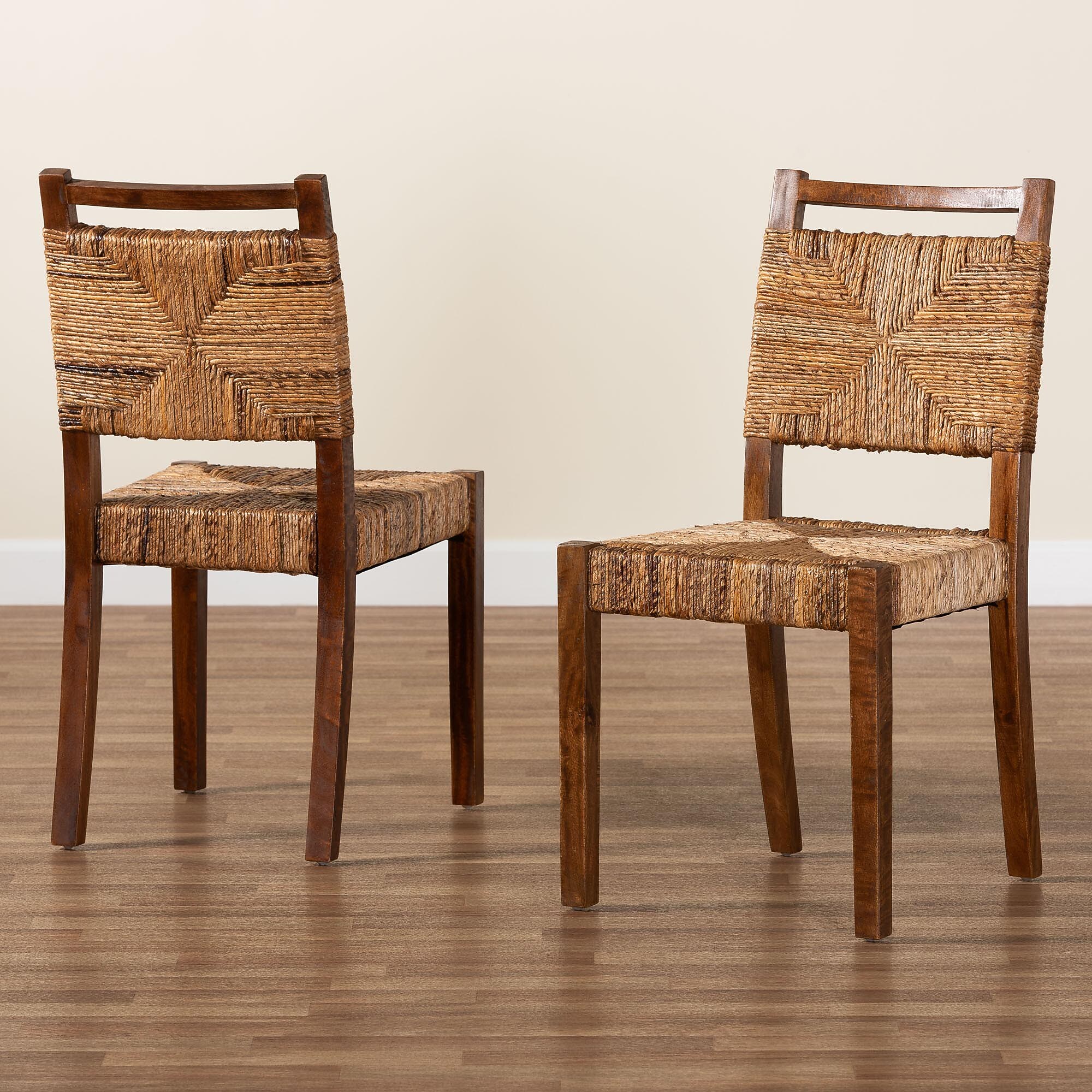 Set of 2 natural seagrass dining chairs with teak legs, bohemian woven backs.