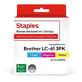 Staples Remanufactured Cyan/Magenta/Yellow Standard Yield Ink Cartridge Replacement for Brother LC61 (STLC613PK), 3/Pack