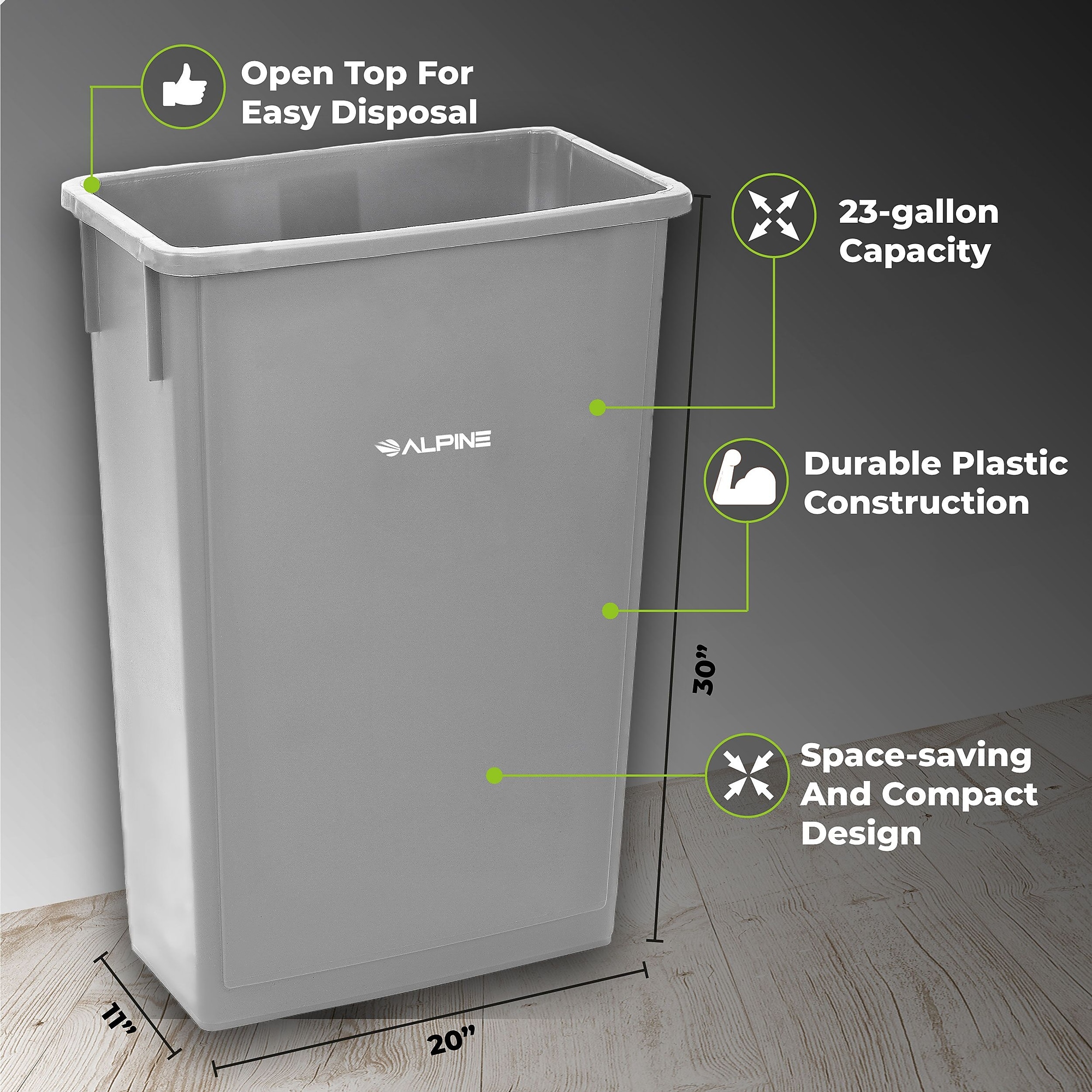 Alpine Industries Polypropylene Trash Can, 23 Gallon, Gray, 6/Pack (ALP477-GRY-6PK) Sansujyuku sansujyuku.com