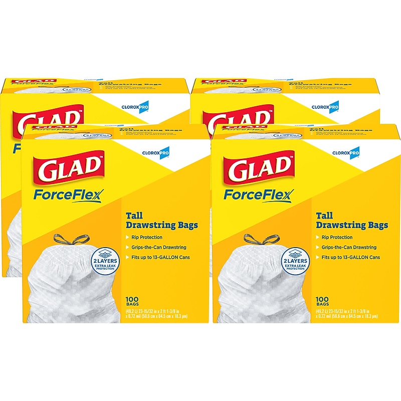 Glad ForceFlex Tall 13 Gallon Drawstring Kitchen Trash Bag, White, 400 Total Bags (78526) image 1