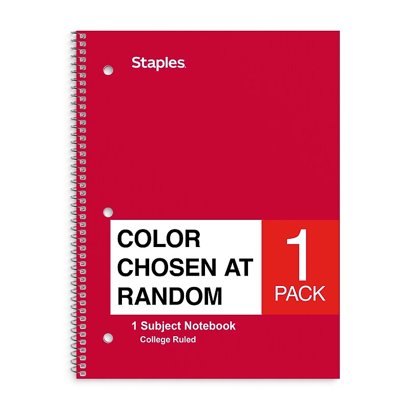 Staples® Poly 1-Subject Notebook, 8" x 10.5", College Ruled, 70 Sheets, Color chosen at random (ST54894C) image 1