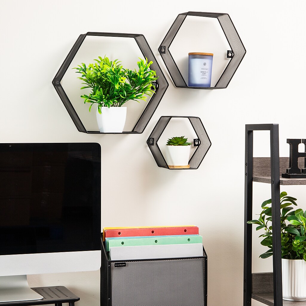 Multiple hexagonal wall shelves mounted on wall with a plant