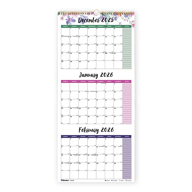 2026 Blueline Colorful Passion Floral 12.25" x 27" Three-Month Wall Calendar (C171129) image 1