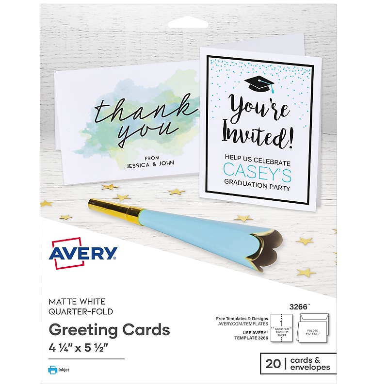 Avery Quarter-Fold Greeting Cards with Envelopes, 4.25" x 5.5", Matte White, Inkjet, 20/Pack (03266) image 1