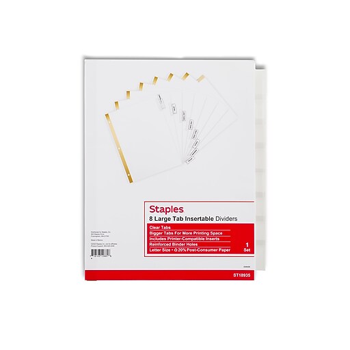 Staples Large Tab Insertable Dividers, 8Tab, Clear (18935/11124) Staples