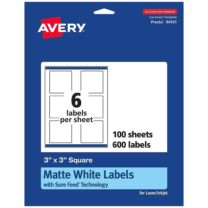 Avery Laser/Inkjet Square Multipurpose Labels, 3" x 3", White, 600 Labels/Box (94101) image 1