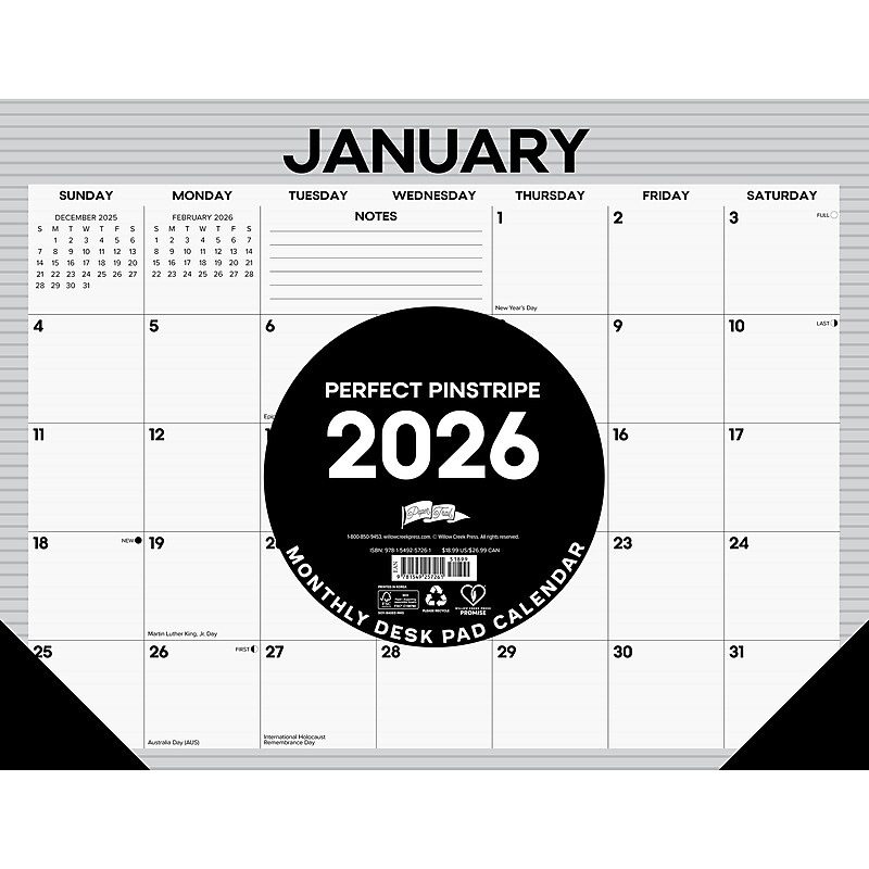 2026 Willow Creek Pinstripe 22" x 17" Monthly Desk Pad Calendar, Gray (57261) image 1
