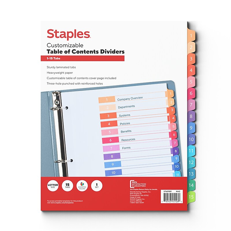 Staples Customizable Table of Contents Numeric Dividers, 15-Tabs, Multicolor (ST62989) image 1