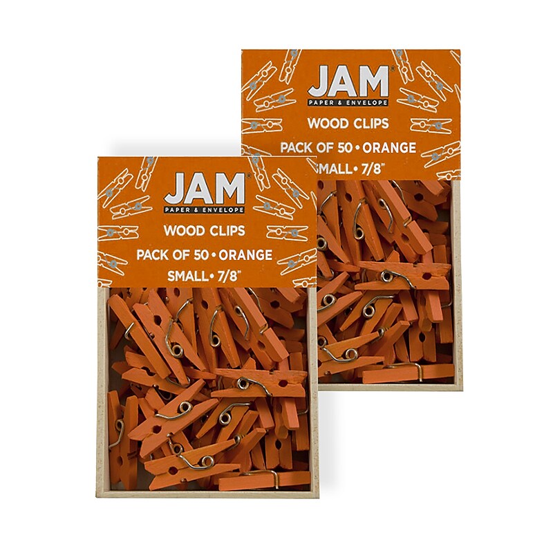 JAM Paper Wood Clip Small Wood Clothespins, Orange, 2 Packs of 50 (230729133A) image 1