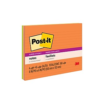 Post-it® Super Sticky Notes, 8" x 6", Energy Boost Collection, Lined, 45 Sheets/Pad, 4 Pads/Pack (6845-SSPL)