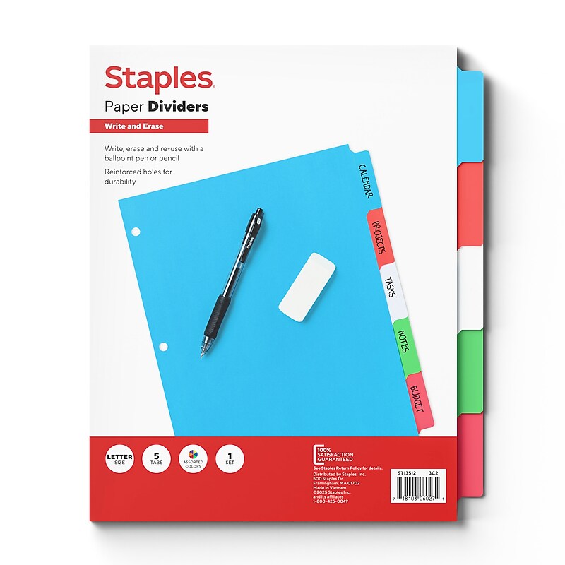 Staples Write & Erase Paper Dividers, Assorted Colors, 5-Tabs (13512/23180) image 1