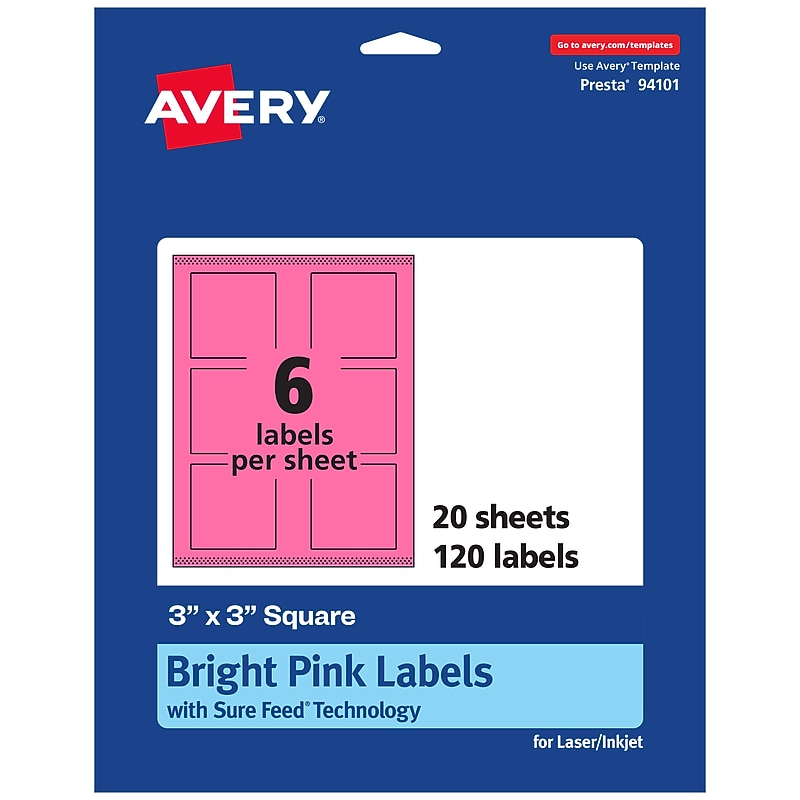 Avery Laser/Inkjet Square Multipurpose Labels, 3" x 3", Bright Pink, 120/Pack (94101) image 1
