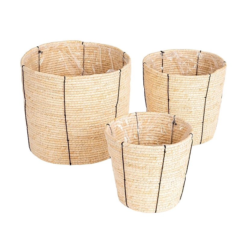 Household Essentials Round Handwoven Corn Rope Baskets, Natural/Black, 3/Set (HE1227) image 1