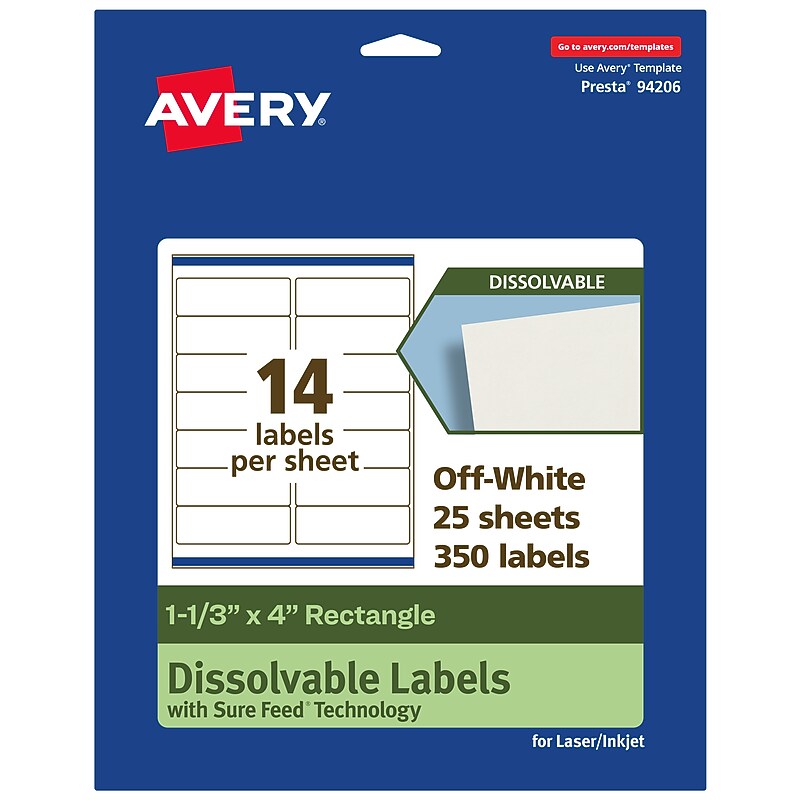 Avery Dissolvable Rectangle Multipurpose Labels, 1-1/3" x 4", Off-white, 350/Pack (94206) image 1