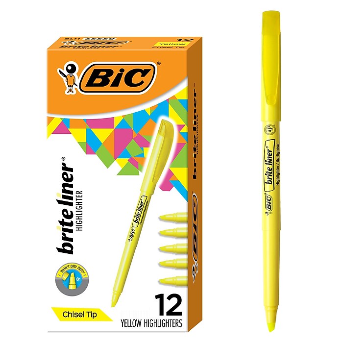 BIC Brite Liner Stick Highlighter, Chisel Tip, Yellow, Dozen