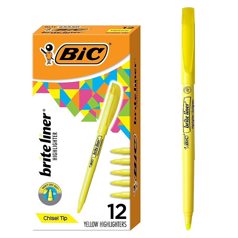 BIC Brite Liner Stick Highlighter, Chisel Tip, Yellow, Dozen (65550) image 1