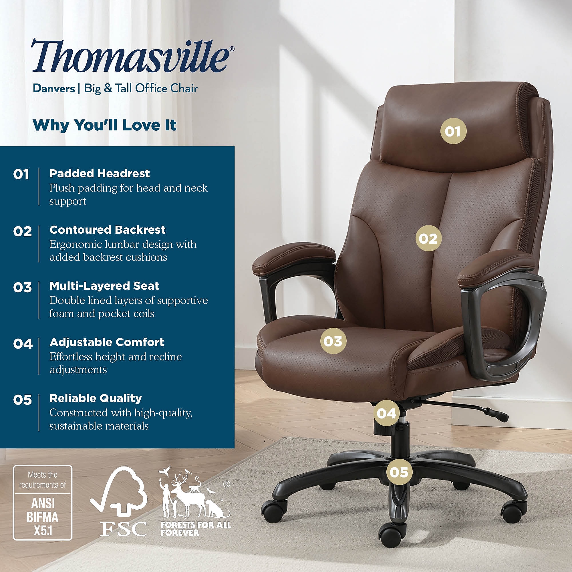 Thomasville Danvers big & tall office chair features graphic with padded headrest and adjustable comfort