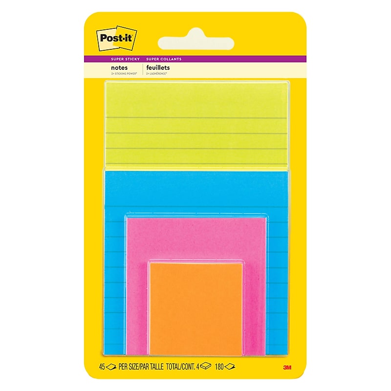 Post-it Super Sticky Notes, Assorted Sizes, Energy Boost Collection, 45 Sheets/Pad, 4 Pads/Pack (4622-SSAU) image 1