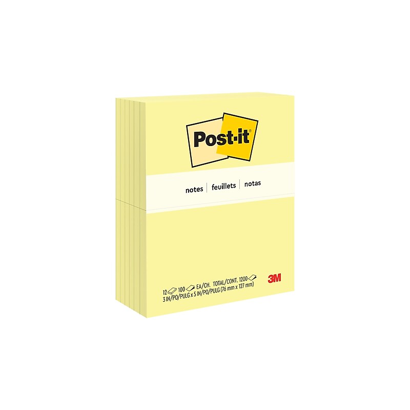 Post-it Notes, 3" x 5", Canary Collection, 100 Sheet/Pad, 12 Pads/Pack (655-YW) image 1
