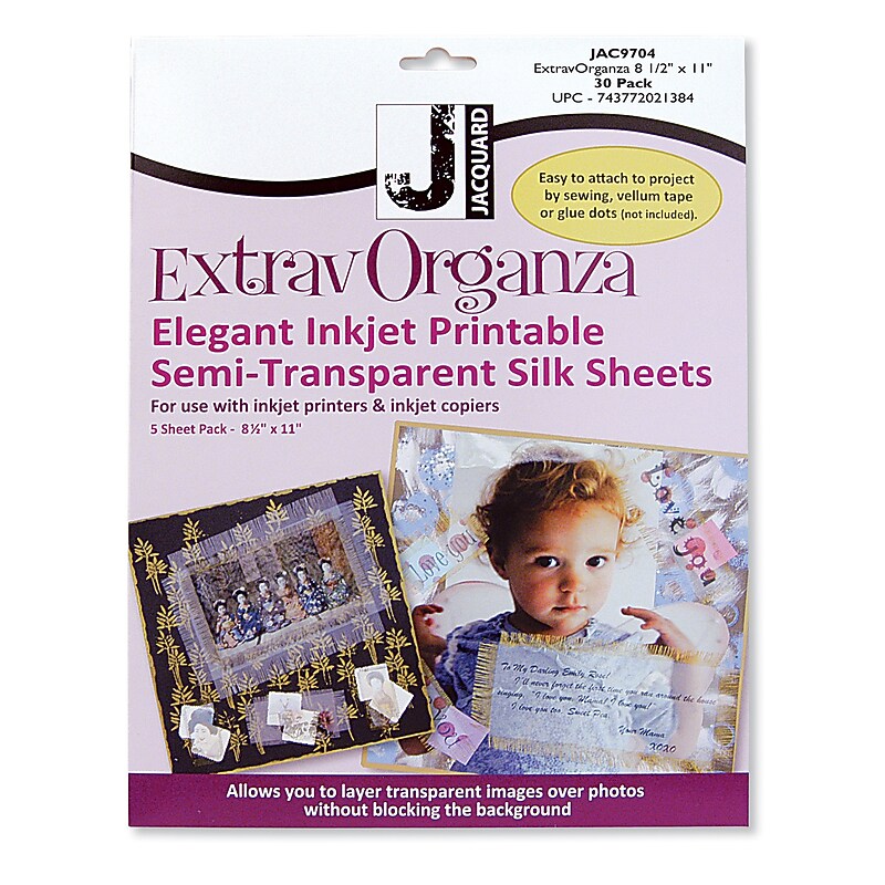 Jacquard Silk Organza Inkjet Printable Fabric Sheets, White, 30/Pack (JACFJAC9704) image 1