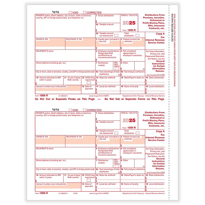 ComplyRight 2025 1099-R Tax Form, 1-Part, 2-Up, Federal Copy A, 50/Pack (514050) image 1