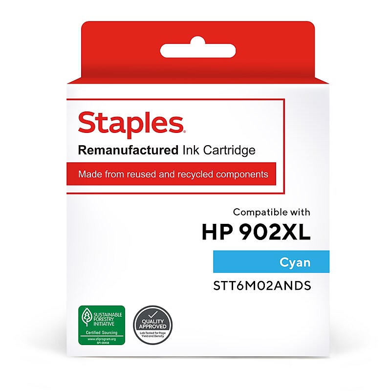 Staples Remanufactured Cyan High Yield Ink Cartridge Replacement for HP 902XL (TRT6M02ANDS/STT6M02ANDS) image 1