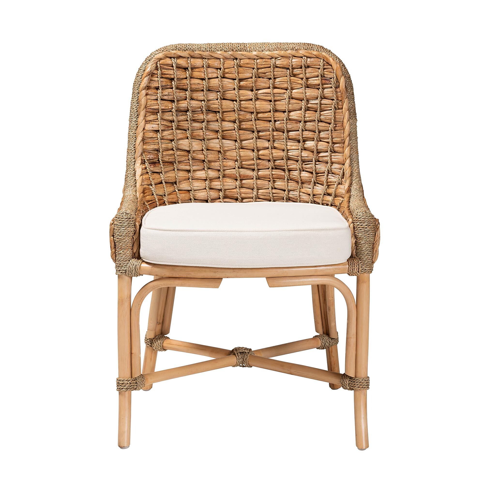 Rattan dining chair front view with off-white seat cushion