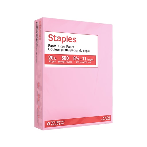 Staples Pastel 30% Recycled Color Copy Paper, 20 lbs., 8.5 x 11, Pink, 500/Ream (14779)