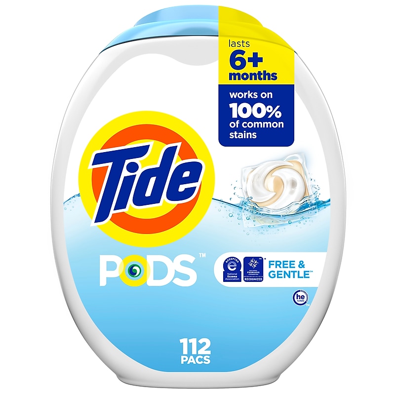 Tide PODS Free & Gentle HE Laundry Detergent Capsules, Scent-Free, 94.2 oz., 112 Capsules/Pack (03229) image 1