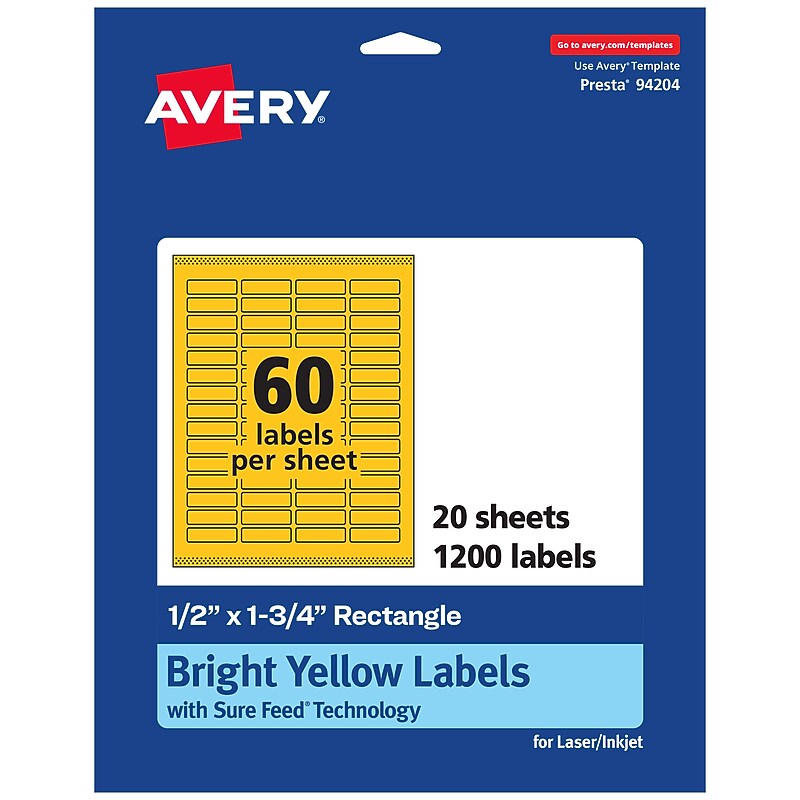 Avery Laser/Inkjet Rectangle Multipurpose Labels, 0.5" x 1.75", Bright Yellow, 1200/Pack (94204) image 1