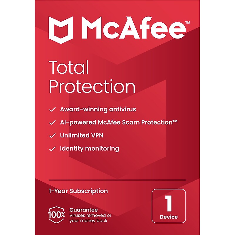 McAfee Total Protection for 1 User, Windows/Mac/Android/iOS/ChromeOS, Product Key Card  (MTP21EST1RAAM) image 1