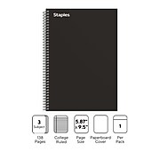 Staples Premium 3-Subject Notebook, 5.88" x 9.5", College Ruled, 138 Sheets, Black (TR58351)