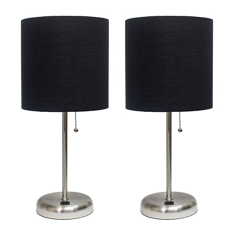Creekwood Home Oslo Duo 19.5" LED Table Lamp with USB Port, Brushed Steel/Black Shade, 2/Set (CWT-2012-BK-2PK) image 1