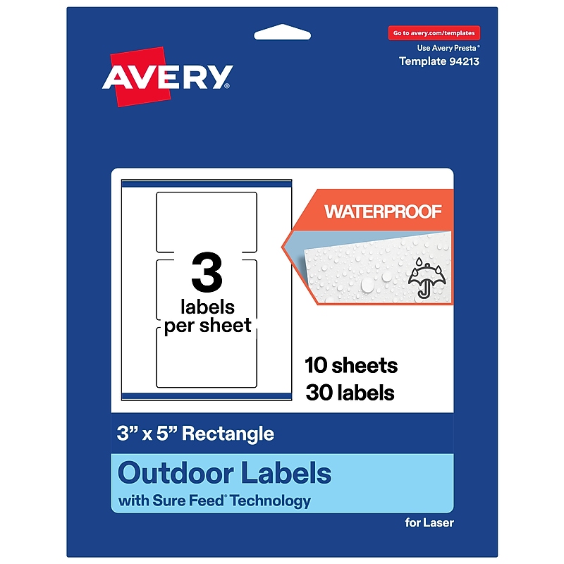 Avery Rectangle Laser Multipurpose Labels, 3" x 5", White, 30/Pack (19479399224) image 1