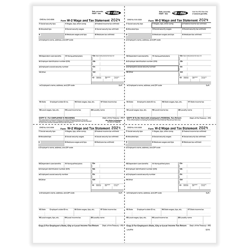 ComplyRight 2024 W-2 Tax Form, 1-Part, 4-Up, 50/Pack (521650) image 1