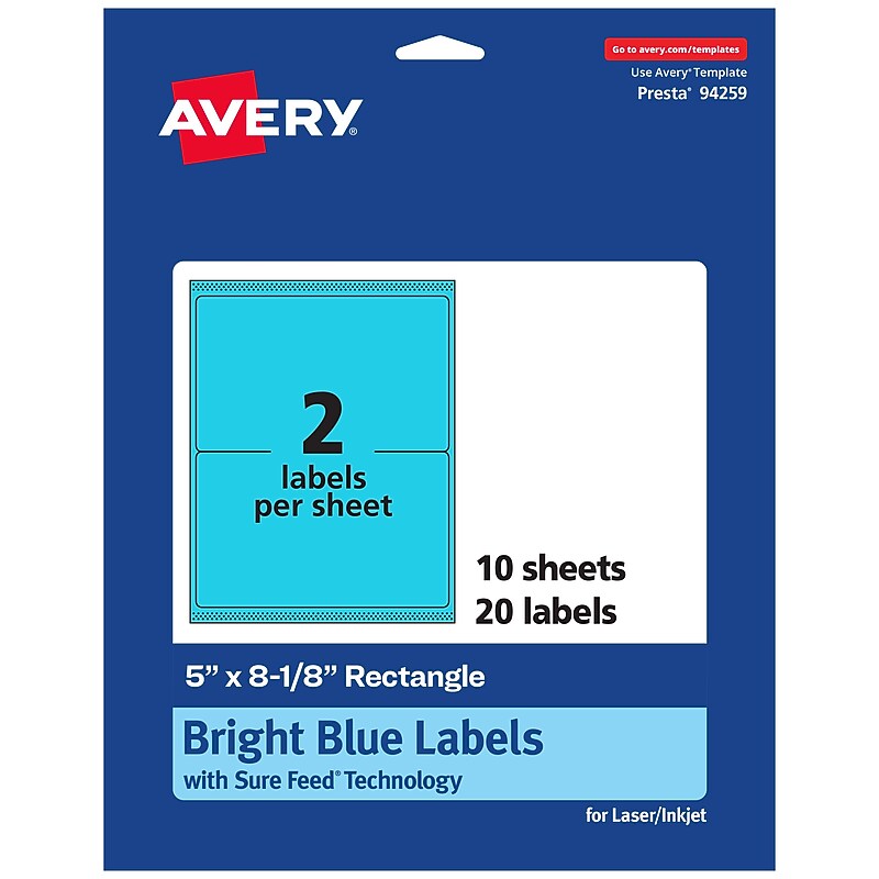 Avery Laser/Inkjet Multipurpose Labels, 8.125"  x 5", Bright Blue, 20/Pack (94259) image 1