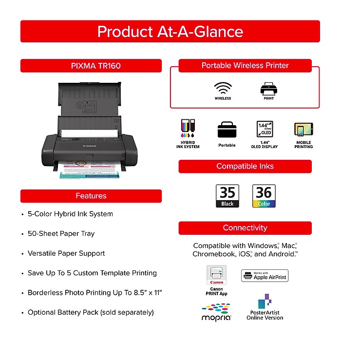 Canon PIXMA TR160 Wireless Color Portable Print Only Inkjet