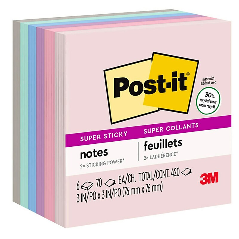 Post-it Super Sticky Notes, 3" x 3", Wanderlust Pastels Collection, 70 Sheets/Pad, 6 Pads/Pack (6546SSNRP) image 1