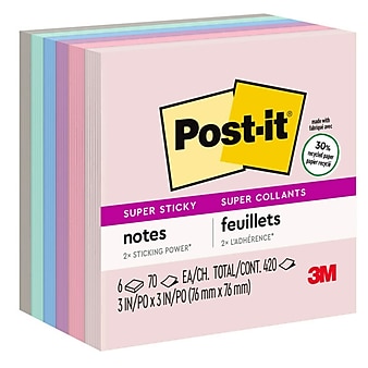 Post-it Recycled Super Sticky Notes, Wanderlust Pastels Collection, 3" x 3",  70 Sheets/Pad, 6 Pads/Pack (654-6SSNRP)