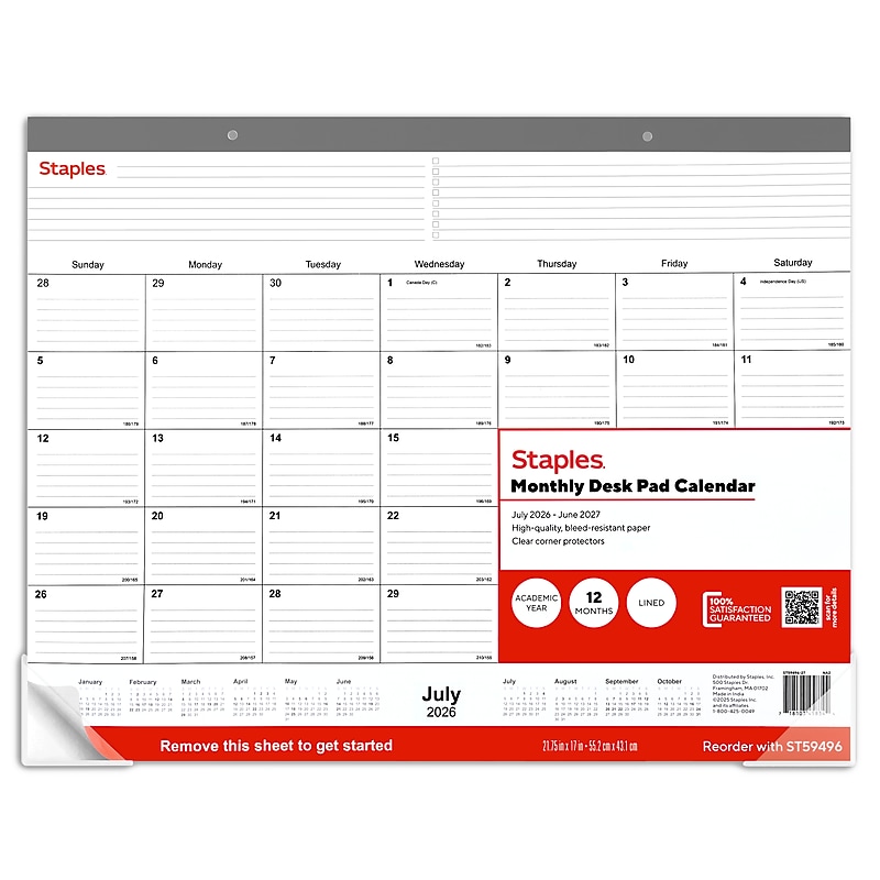 2026-2027 Staples 21.75" x 17" Academic Monthly Desk Pad Calendar, Gray (ST59497-27) image 1